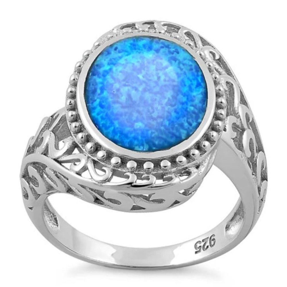 925 STERLING SILVER Lab Created Blue Fire Opal Ring - Picture 16 of 16